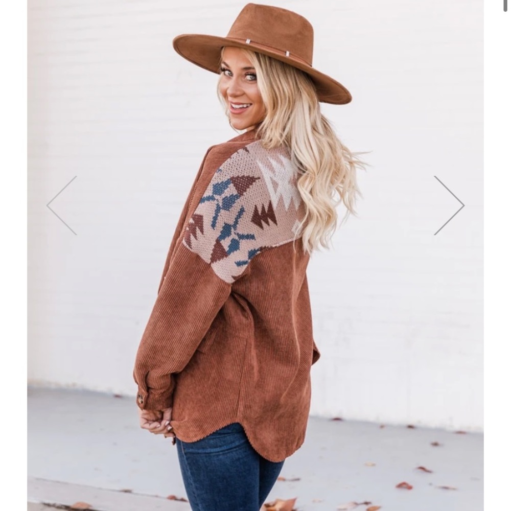 PINK LILY SOUTHWESTERN PRINT RUST CORDUROY SHACKET